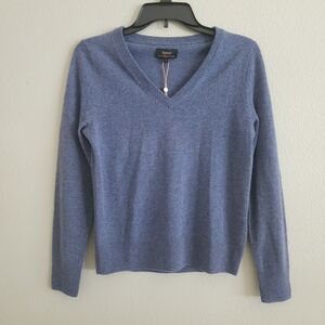 QUINCE 100% Mongolian Cashmere V-Neck Sweater Heather Storm Blue Small